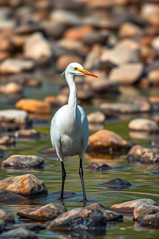 A Great Egret standing in shallow water surrounded by rocks, captured with a Canon EOS 5D Mark IV, 85mm lens, ISO 200, f/4, 1/500 sec, soft natural light, shallow depth of field, focus on the bird with a blurred background.