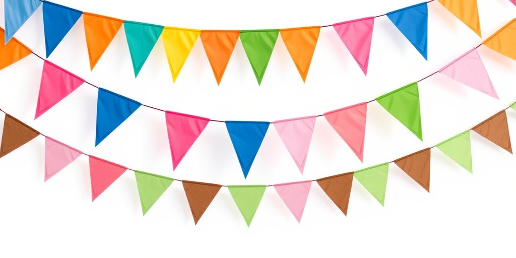 Generate a digital illustration of colorful triangular flags strung in three rows, featuring vibrant colors like blue, orange, green, pink, and brown, with a clean white background, using a DSLR camera with a 50mm lens, aperture set at f/2.8 for a shallow depth of field, lighting adjusted for bright daylight, capturing a well-composed top-down view.