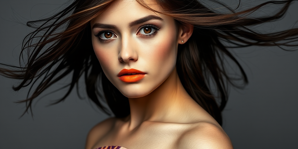 Photographic image of a beautiful young Kazakh woman, brown eyes, lips with Yellow lipstick, long hair fluttering in the wind and wearing a silk strapless dress with a soft purple and orange print. monochrome image with only color highlights in the iris of the eyes, lipstick and dress. Gray background.