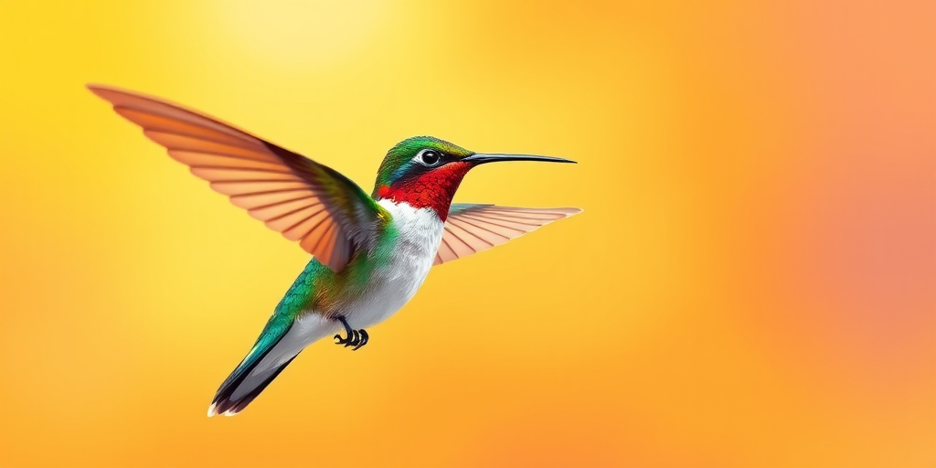 Create a vibrant illustration of a hummingbird in mid-flight with a gradient yellow-orange background, using a digital painting style, similar to a Canon EOS R5 with an aperture of f/4, ISO 100, and 50mm lens for sharp detail and vibrant colors.