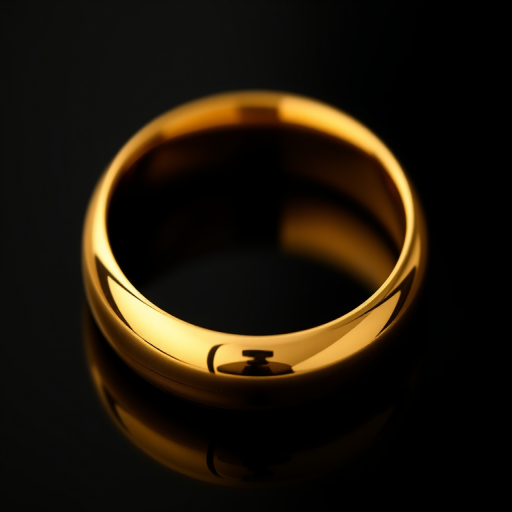 create an ultra-realistic image of a gold ring with a glossy finish on a black background using a DSLR camera with a 50mm f/1.8 lens, aperture set to f/2.8, ISO 100, and a shallow depth of field to enhance detail and focus on the ring's surface texture