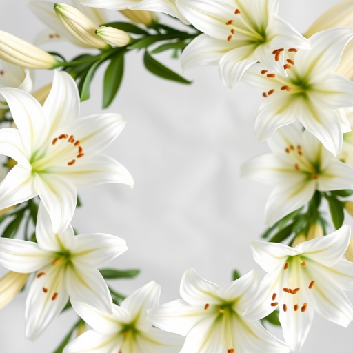 create a floral wreath of white lilies on a transparent background, shot with a macro lens at f/2.8, ISO 100, 1/200 sec, in natural light with a shallow depth of field for a soft background blur, using a DSLR camera with a 100mm macro lens