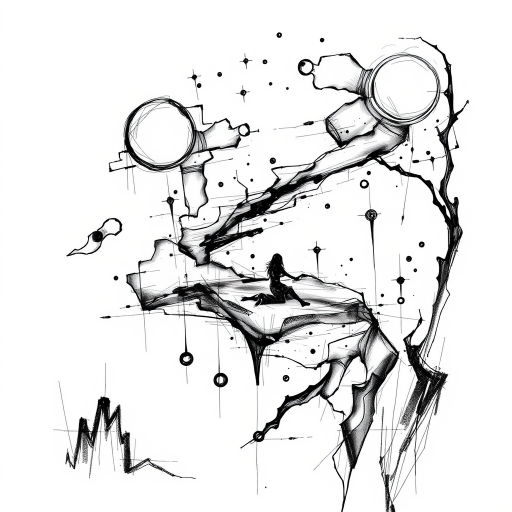Sketch-style "Ephemeral Memories" tattoo artwork depicting dreamlike scenes and personal symbolism with loose gestural lines and shading techniques to create a raw and emotive visual narrative