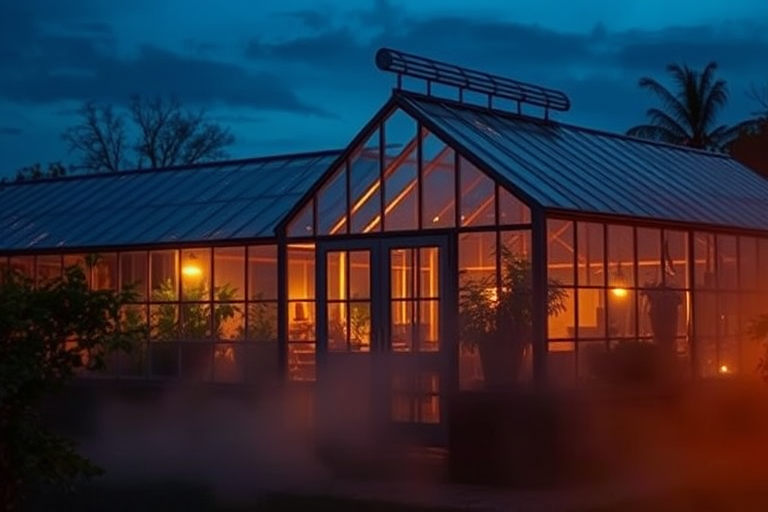 Warmly lit photo of a glass greenhouse at dusk, with soft light from inside illuminating the plants and a gentle mist rising from the ground, creating a magical atmosphere.