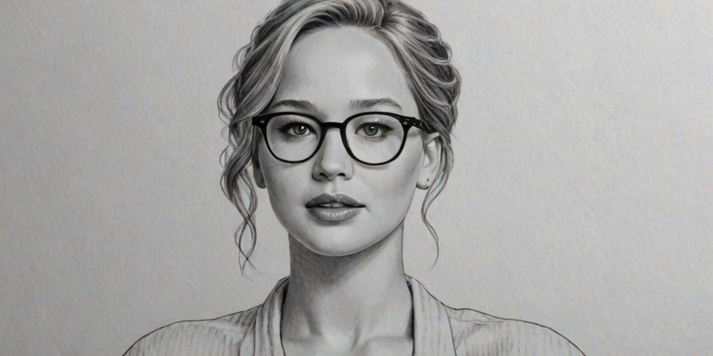 Magnificent Jennifer Lawrence, pencil sketch, portrait of Attractive woman 1952s in glasses, hair style beatnik, outline, clear lines, fine lines, 8k