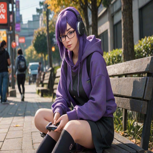 masterpiece, best quality, 1girl, raiden shogun, purple hair, sidelocks, purple eyes, glasses, bespectacled, headphones, hair ornament, purple hoodie, hood down, drawstring, long sleeves, necklace, jewelry, bag, pleated skirt, black skirt, contemporary, casual, sitting, outdoors, holding handheld game console, nintendo switch, playing games, intense, looking down,