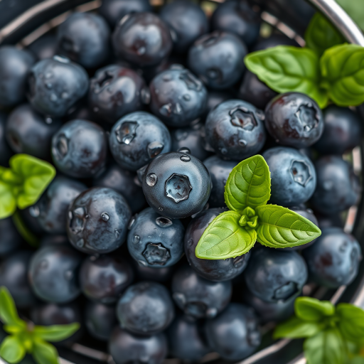 A detailed close-up of a metal bucket filled with fresh blueberries, droplets of water on the berries, with green basil leaves around, soft natural lighting, shot with a DSLR camera at f/2.8 for shallow depth of field, ISO 100, 50mm lens, top-down view to capture texture and color vibrancy.