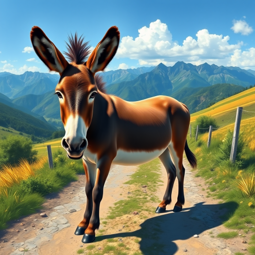 Create a vibrant digital painting of a donkey standing on a farm path with mountains in the background, using a 50mm lens, f/8 aperture, ISO 100, daytime lighting, and a panoramic view, emphasizing clarity and sharp detail in the scene.