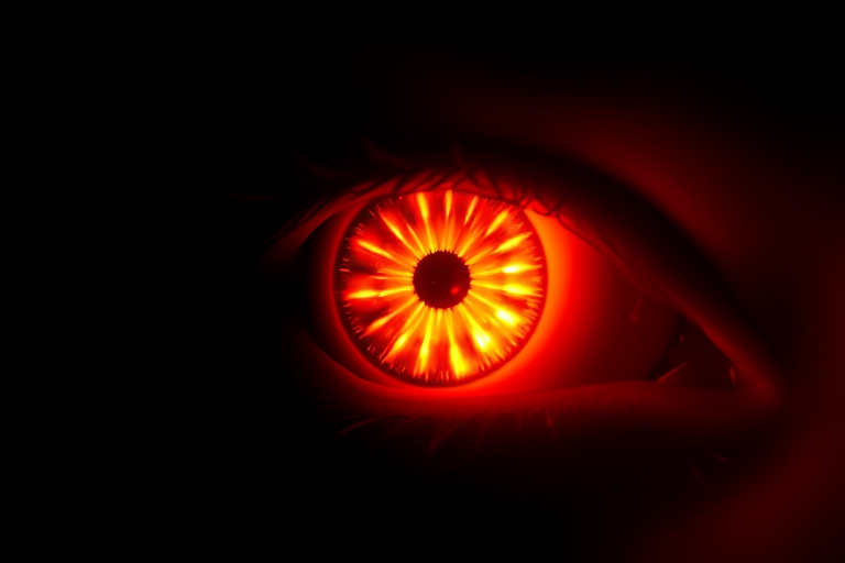 Create a glowing fiery eye with vibrant orange and yellow flames against a black background, using a DSLR camera, f/2.8 aperture, 1/125 sec shutter speed, ISO 100, macro view for detail, and high dynamic range style for enhanced colors.