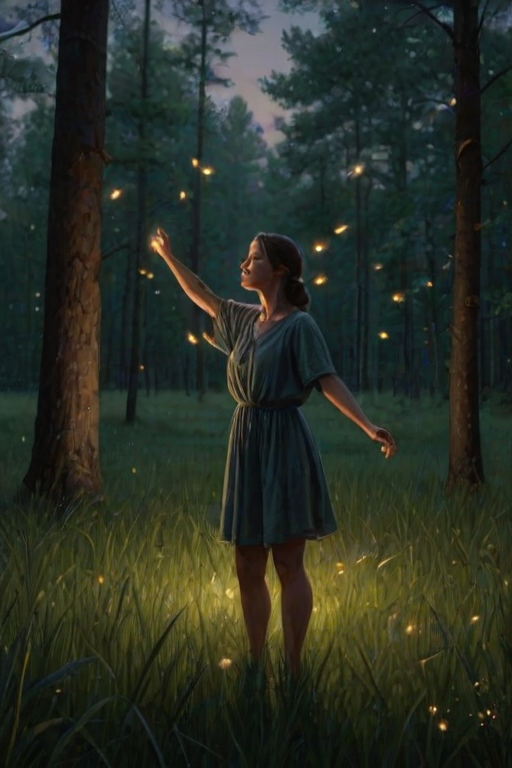Quiet forest clearing at twilight, with fireflies beginning to flicker in the gathering darkness, a woman stands barefoot in the grass, her arms outstretched as she spins slowly in the fading light.