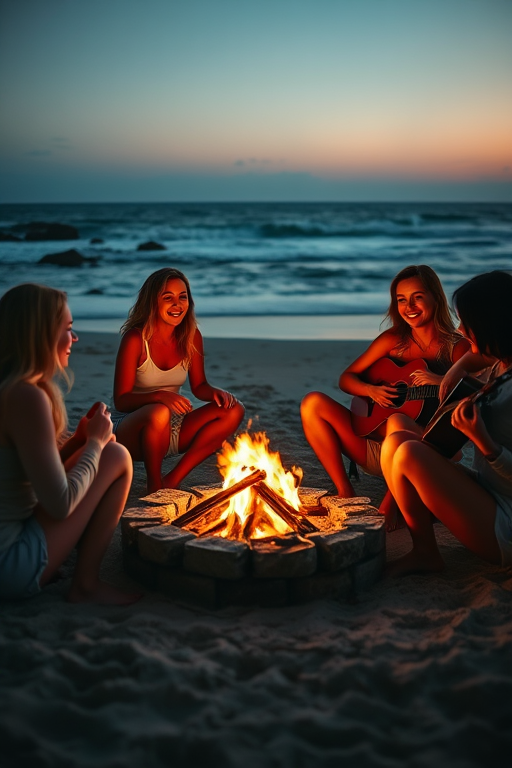 Warmly lit photo of a group of friends sitting around a bonfire on the beach at dusk, soft glow from the flames reflecting off their faces, distant waves crashing on the shore, the sound of laughter and guitar strumming filling the air.