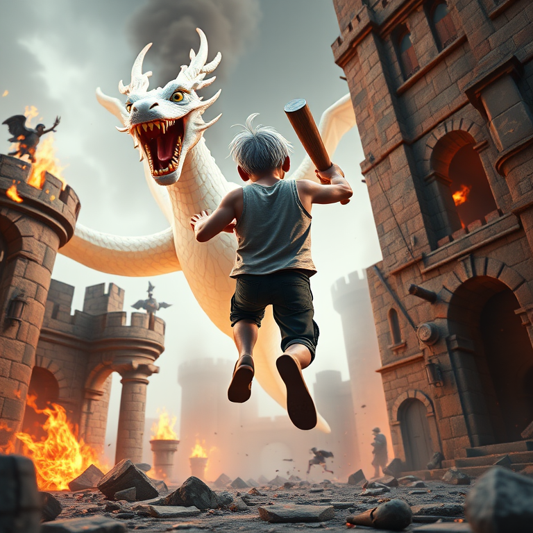 Cartoon 3D High-Resolution,dynamic battle scene using Unreal Engine 5 and Octane Render. The scene features back of an elderly, thai man with a beard,messy hair and round golden-rimmed glasses. He is wearing a tattered tank top with soot marks, shorts, and sandals. sweating. he wields a baseball bat. He jump to fight with a white fire-breathing Europe dragon amidst a partially destroyed stone castle. Include intense flames, smoke, and debris to enhance the dramatic effect.