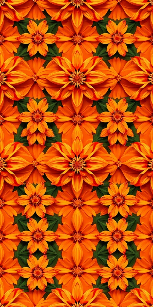 Create a seamless geometric pattern featuring interlocking floral shapes in various shades of orange, captured with a Canon EOS R5, using a 50mm lens at f/8, ISO 100, in natural light, top-down view to emphasize symmetry and detail.