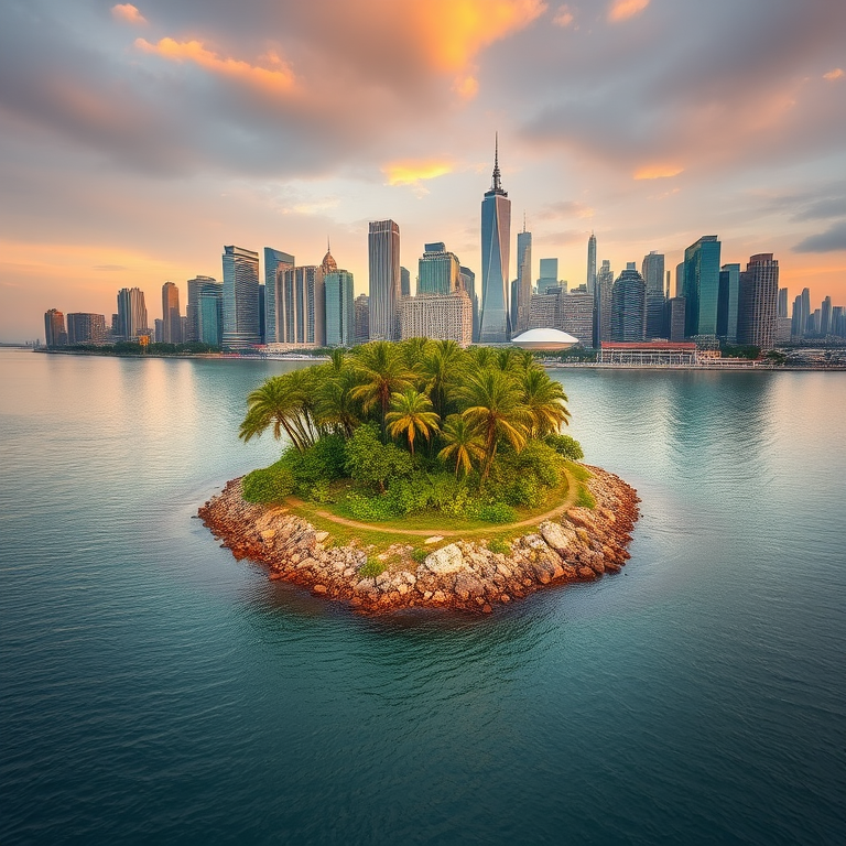 Capture a high-resolution image of a small island with lush greenery surrounded by calm water, featuring a modern city skyline in the background, golden hour lighting, using a DSLR camera with a 50mm lens, aperture set to f/8, ISO 100, shutter speed 1/200s, and a slight HDR effect.