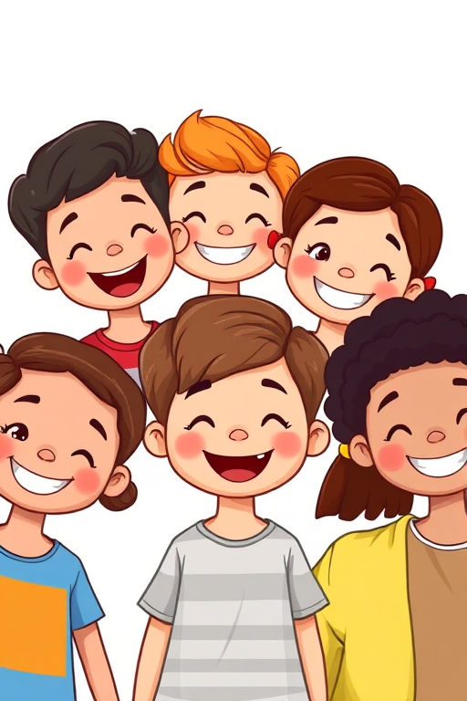 Generate an illustration of a diverse group of eight smiling cartoon children with varying hairstyles and skin tones in a fun, vibrant style, using a digital drawing technique at a 300 DPI resolution, shot from a front view with a soft focus and bright color saturation.