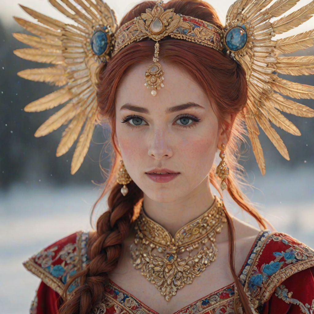 A young woman with long, flowing red hair, wearing a traditional, ornate red and blue costume with gold accents and intricate embroidery, stands facing the viewer in a close-up portrait. Her hair is styled in a high ponytail and adorned with a pair of golden, winged hairpieces. She wears gold earrings and her makeup is accented with light pink blush and a bright red lip. She has a soft and slightly melancholic expression, with her eyes looking directly at the camera. The background is a blurred, out-of-focus snowy landscape, with the woman in the foreground. The lighting is soft and natural, creating a warm, intimate atmosphere. The image is composed using a shallow depth of field, with the woman as the main focal point. The overall style is elegant, delicate, and fairytale-like.