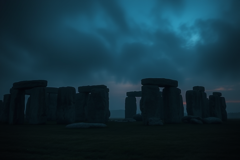Create a high-resolution image of Stonehenge at twilight with a misty atmosphere, using a wide-angle lens, 24mm focal length, aperture f/8, ISO 200, and a slow shutter speed of 1 second for a slightly blurred effect, shot from a low angle to emphasize the stones against a dark, smoky background.