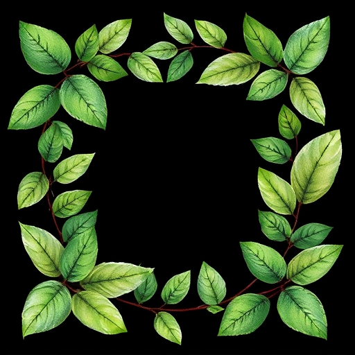 create a watercolor illustration of green leaves forming a square frame, with a solid black background, using a Canon EOS 5D Mark IV, with a 50mm lens, aperture f/2.8, ISO 100, and soft natural lighting