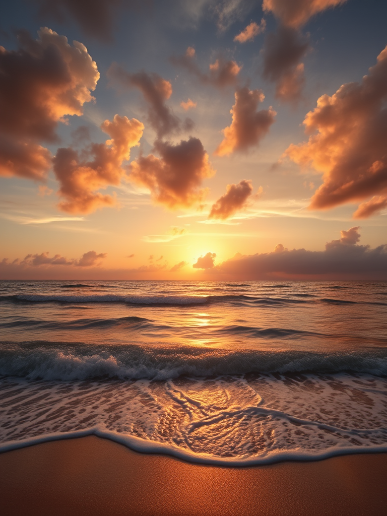 sunset over ocean with reflections on water, soft waves on shore, dramatic clouds in sky, warm golden light, taken with a Canon EOS R5 at f/8, ISO 100, 1/200s, using a wide-angle lens at 24mm, shot in natural light for enhanced clarity and detail