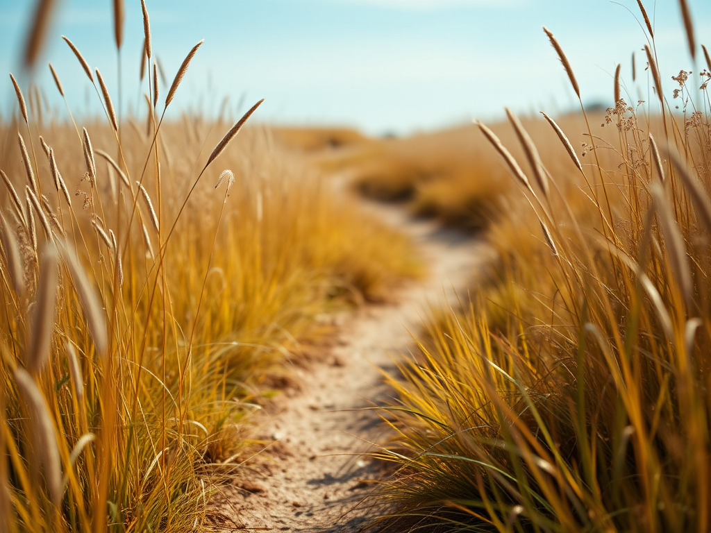 A winding path through tall, golden grass with a clear blue sky in the background, shot with a Canon EOS R5, 50mm lens, f/1.8, ISO 100, 1/2000 sec, with a shallow depth of field to blur the background and highlight the grass blades.