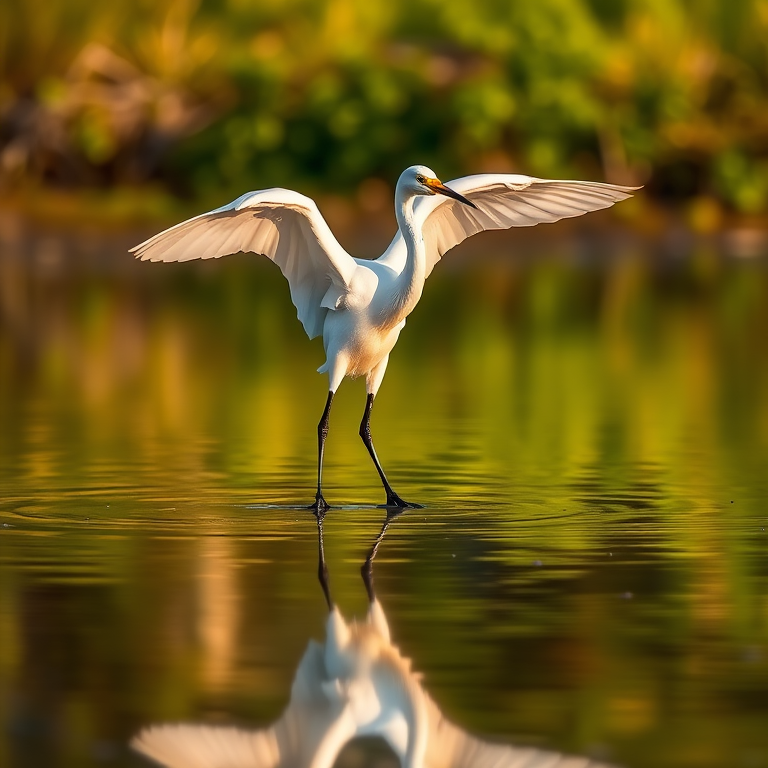 photograph of a great egret standing in shallow water with wings partially spread, golden hour lighting, shallow depth of field, 85mm lens, f/2.8, ISO 200, 1/500s shutter speed, natural setting with vivid green reflections in the water, focus on the bird's reflection and graceful posture, soft bokeh background, taken with a DSLR camera