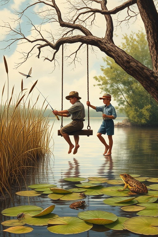 Imagine a small group of old fashioned young boys out fishing by the creek, a swing hanging from a tree branch, reeds and grasses by the water's edge, a frog sitting on a lily pad, dragonflies hovering over som water plans, a very iconic old fashioned scene reminiscent of a Norman Rockwell painting style