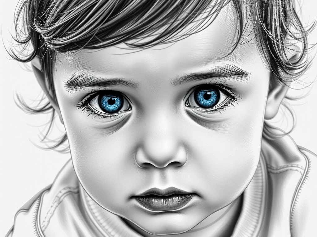 A hyperdetailed photorealistic black and white sketch of a beautiful toddler with deep blue eyes, with a macro focus