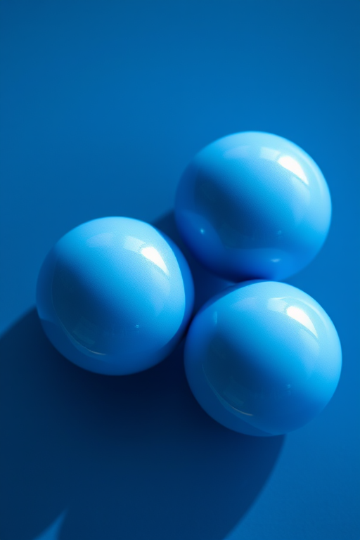 Create a high-resolution image of four glossy blue spheres arranged in a cluster, shot with a Canon EOS R5, 50mm lens, f/1.8 aperture, ISO 100, 1/200s shutter speed, soft natural lighting, and a slight drop shadow for depth.