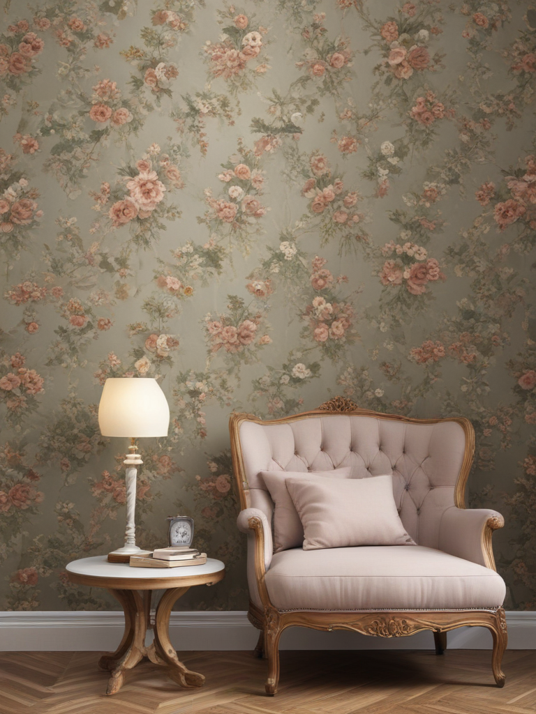 Elegant Living Room Decor Featuring Floral Wallpaper and Vintage Furniture