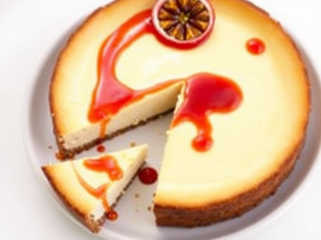 A delicious cheesecake with a creamy topping and passion fruit drizzle on a white plate with a slice cut out, set against a light background.