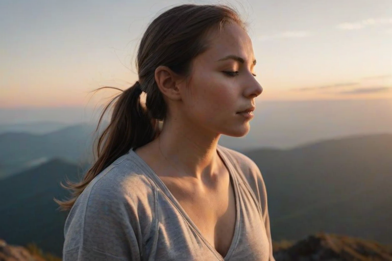 Softly focused image of a young woman meditating on a mountain peak at sunrise, soft light from the rising sun illuminating the clouds below, with a sense of peaceful solitude in the scene.