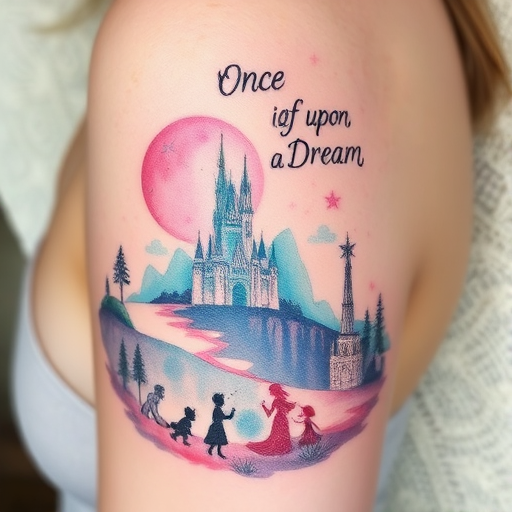 Enchanting watercolor fairy tale tattoo titled "Once Upon a Dream" depicting scenes from beloved stories in a soft, ethereal style. Dreamy washes of color blend seamlessly, creating magical landscapes and whimsical characters. Delicate linework adds definition to key elements, bringing the fantastical world to life on the skin.