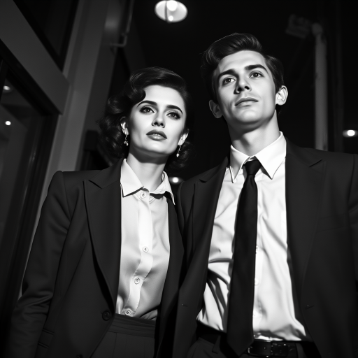 Black-and-white photograph, couple, tailored suits, retro hairstyles, film noir style, Tilt the camera for a dynamic Dutch angle using a versatile 24-70mm lens