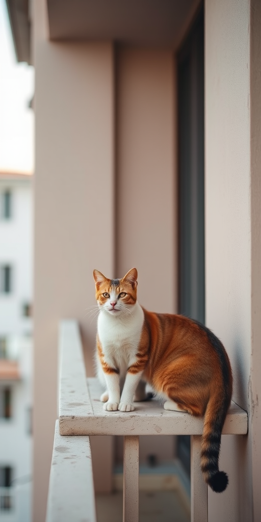 Regenerate the image of two cats on a balcony with a soft color palette and minimalistic architecture, using a DSLR camera with a 50mm lens, aperture f/2.8, ISO 100, and a high-angle view to enhance depth and detail.