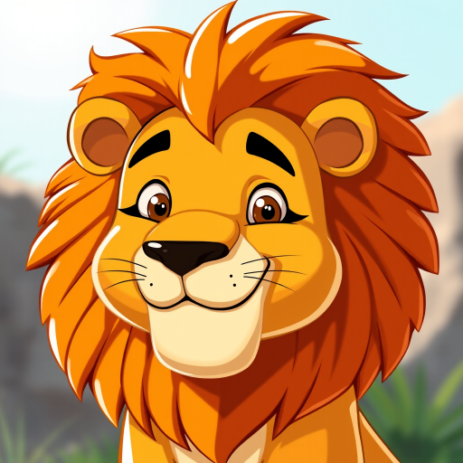 Create a vibrant cartoon-style illustration of a lion with a bright orange mane and a friendly expression, captured in high resolution with a DSLR camera set to f/2.8, ISO 100, 1/200 sec, in daylight, focusing on the lion's face with a shallow depth of field to enhance detail.