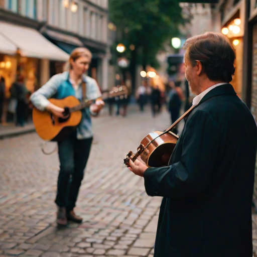 Blurry, candid photo of a musician busking on a busy street, soft focus on the guitar strings, distant pedestrians walking by, soft glow from a nearby cafewindow, and the sound of music filling the air.