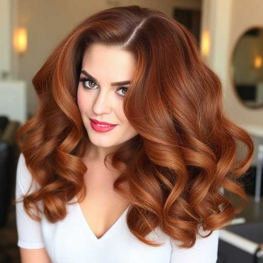 Rich auburn locks styled in voluminous vintage curls, courtesy of "Timeless Tresses" boutique, boasting a deep side part and glossy finish that evokes old Hollywood glamour, with subtle caramel highlights woven throughout to add dimension and warmth to the classic look.