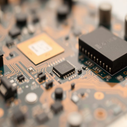 macro shot of a circuit board with intricate details and components, f/2.8 aperture, ISO 100, 50mm lens, low angle view, soft focus background, DSL camera