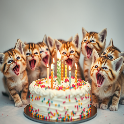 A joyful scene of ten adorable kittens with their mouths open in playful meows, gathered around a beautifully decorated birthday cake with lit candles, soft diffused lighting, macro lens, f/2.8 aperture, 50mm focal length, ISO 100, shot at eye level to capture their expressions and details.