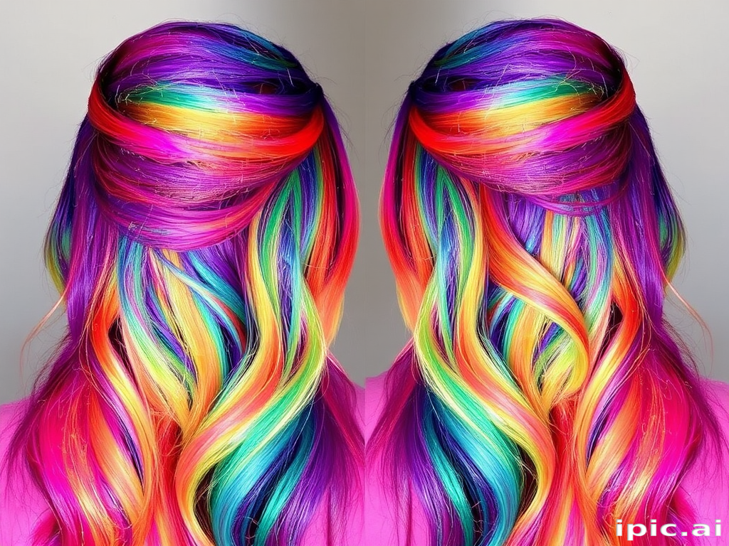 Vibrant rainbow hair arranged in the "Prismatic Dream" style showcases a spectrum of colors blended seamlessly together in a mesmerizing swirl of hues