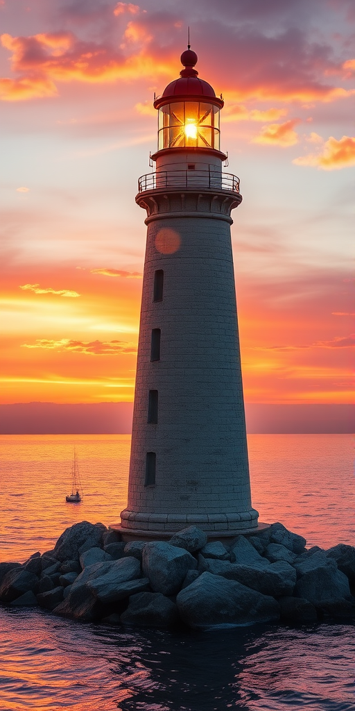 Generate an image of a tall lighthouse perched on a rocky outcrop surrounded by calm ocean waters during a breathtaking sunset. The lighthouse stands sturdy and weathered, its stone surface illuminated by the warm golden light of the setting sun. The sun's rays pass directly through the glass lantern room at the top of the lighthouse, casting a brilliant light across the scene. The sky is painted with vibrant shades of orange, pink, and purple, reflecting off the tranquil sea. The surrounding water shimmers with the same warm hues, creating a serene and majestic atmosphere.