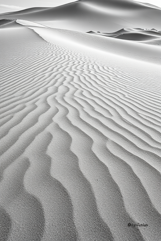Capture a high-contrast black and white image of sand dunes with intricate wave patterns, using a Canon EOS R5 at f/8, ISO 100, with a 50mm lens from a low-angle view to emphasize texture.