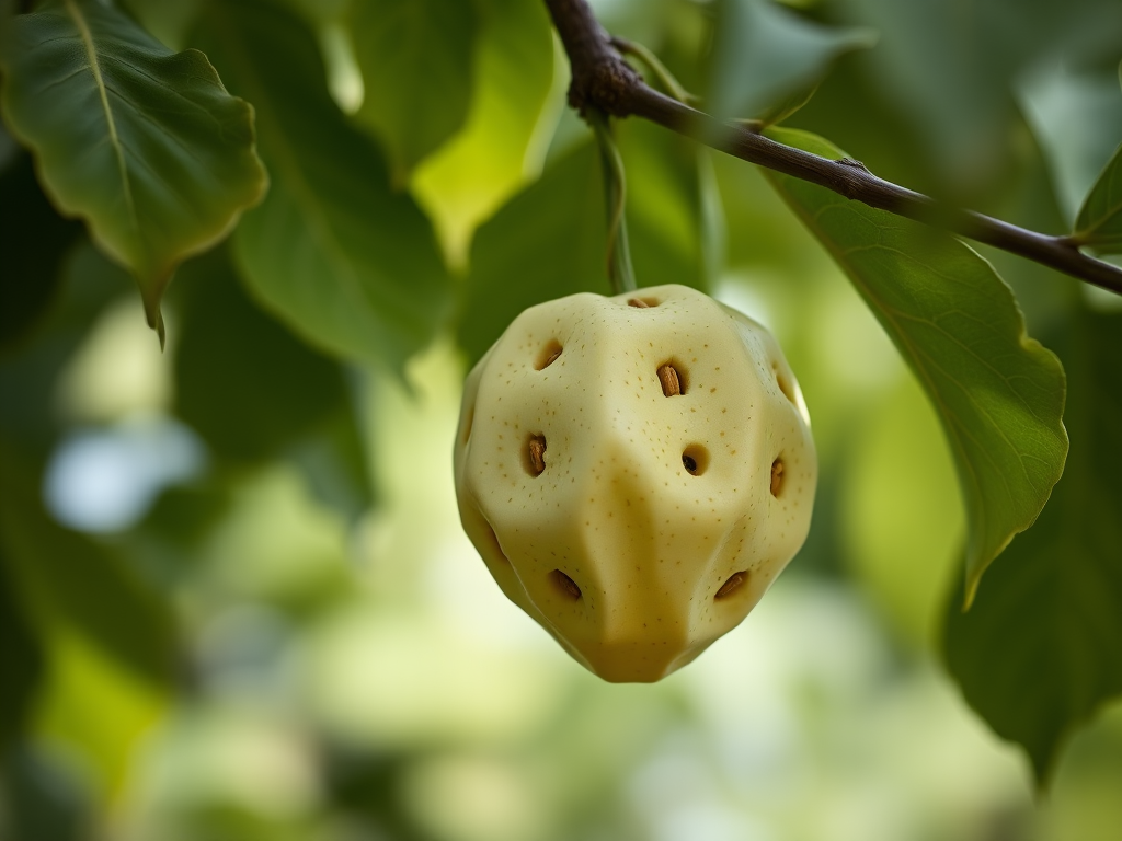photograph of a cherimoya fruit hanging on a branch surrounded by green leaves, taken with a Canon EOS 5D Mark IV, 85mm lens, aperture f/2.8, shutter speed 1/200 sec, ISO 100, natural light, shallow depth of field for a soft background blur