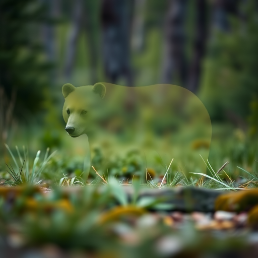 Create a high-resolution image of a simple outline of a bear in a natural setting, using a DSLR camera with a 50mm lens, f/1.8 aperture, ISO 100, and a shallow depth of field for a soft background, shot from a low angle to emphasize the bear's stature.