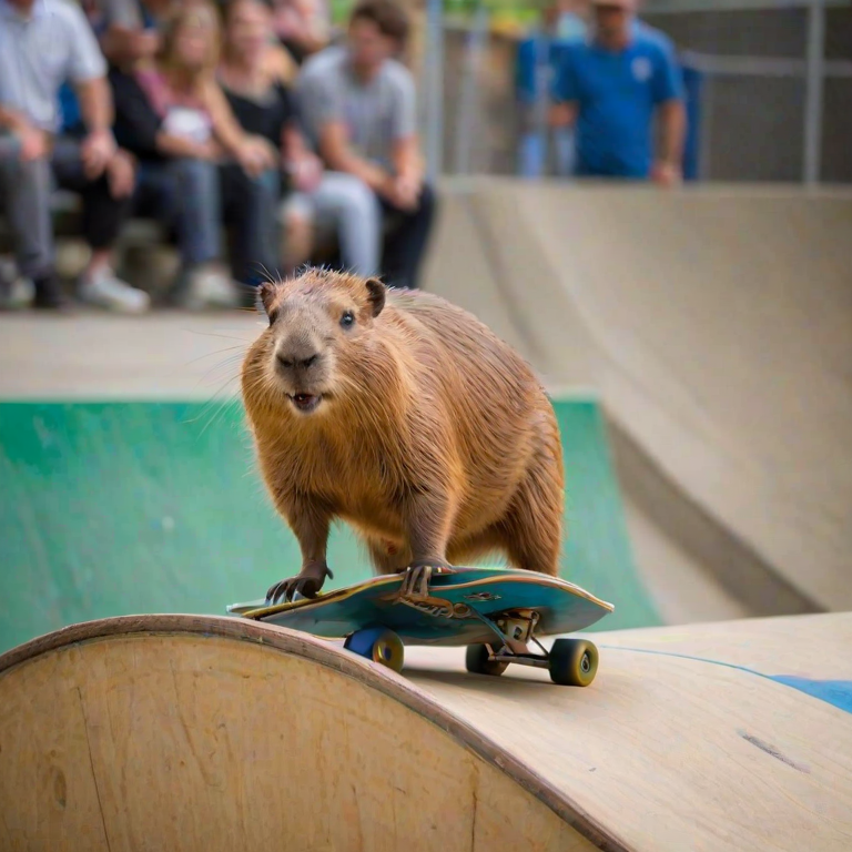 action sports photography, of a stunning capybara, riding a skateboard through a halfpipe