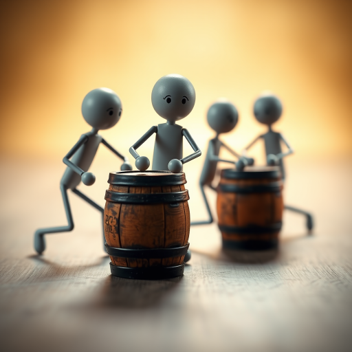 Create a 3D image of stick figure characters pushing wooden barrels, soft focus background with brighter lighting, use a Canon EOS 5D Mark IV, aperture f/8, ISO 100, 50mm lens for sharp details and depth of field, front view, slightly elevated angle.