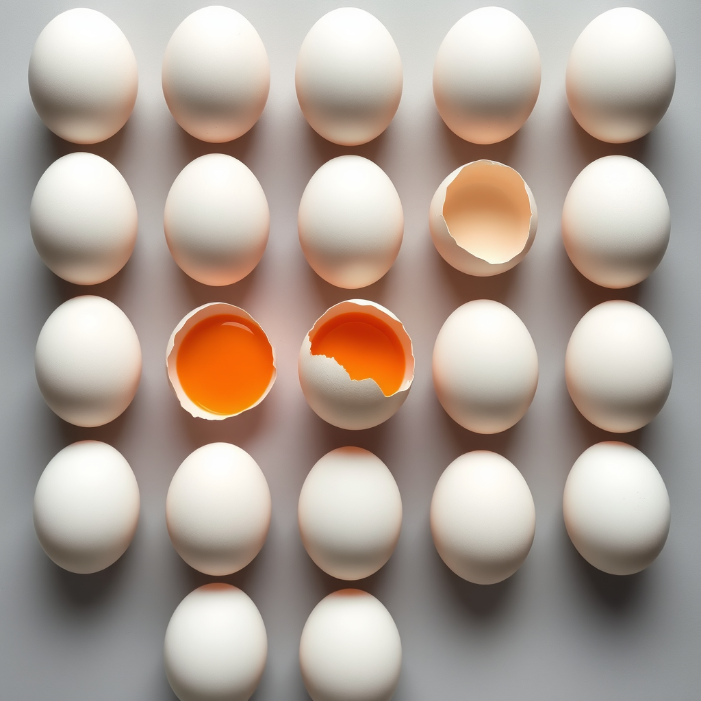 Arrange a grid of 16 white eggs on a light gray background with one egg cracked open, revealing bright orange yolk, shot with a DSLR camera at f/2.8 aperture, 1/100s shutter speed, ISO 100, top-down view, natural lighting for enhanced clarity and detail.
