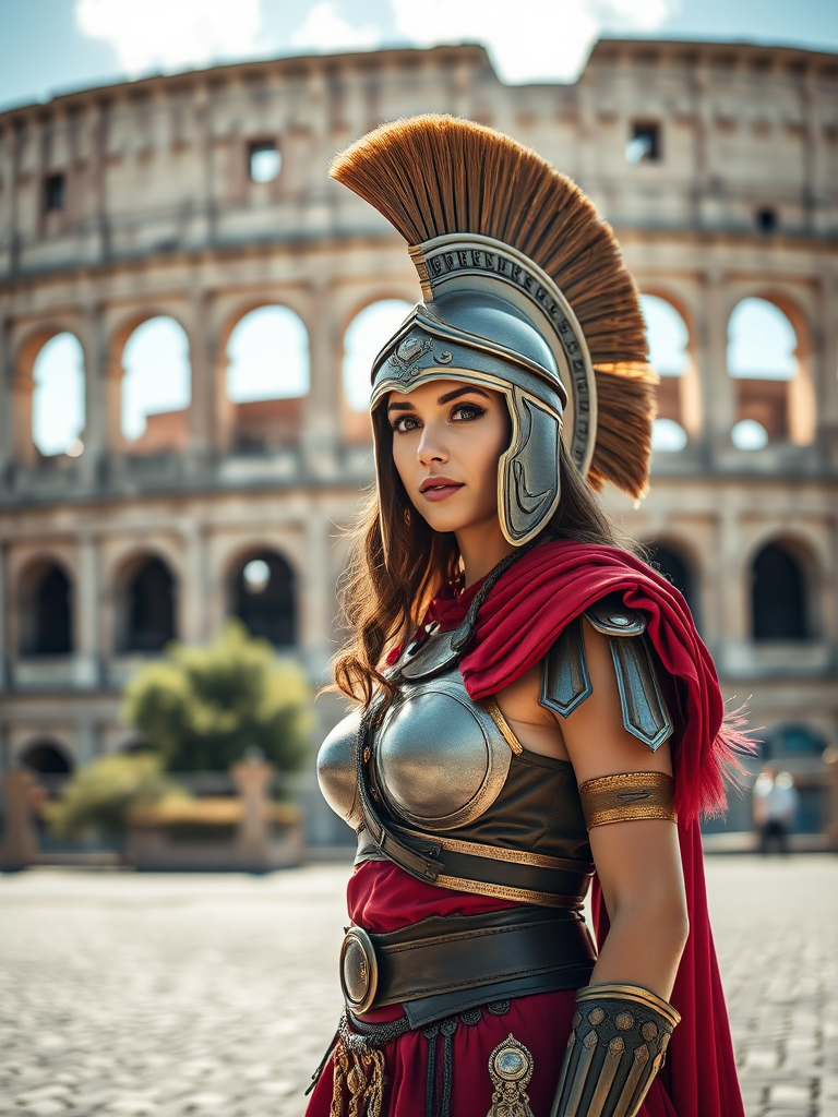Create a high-resolution image of a woman wearing an elaborate gladiator costume, standing in front of the Colosseum on a sunny day, using a full-frame DSLR camera with a 50mm lens, f/1.8 aperture, ISO 100, and a slight vignette effect for emphasis.