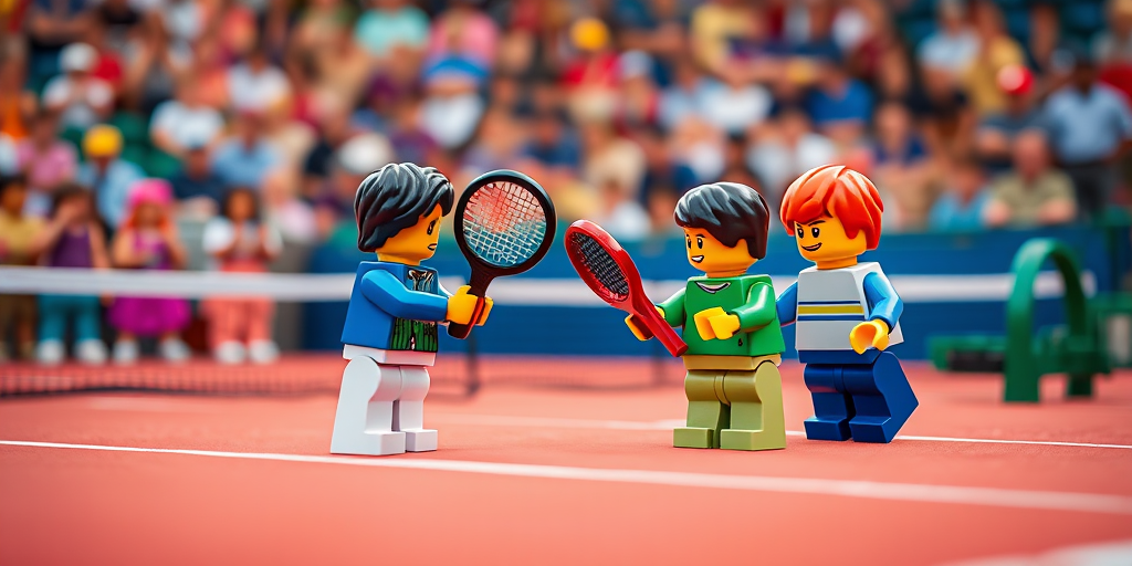 Create a playful scene featuring LEGO characters playing tennis on a vibrant court with a blurry crowd in the background, using a Canon EOS R5, 50mm lens, aperture f/1.8, ISO 200, and 1/500s shutter speed for enhanced image quality and depth of field.