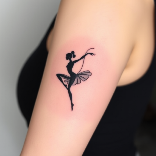 Minimalist single-line tattoo called "Fluid Motion" consisting of one continuous, unbroken line that gracefully curves and loops to form the silhouette of a dancer in motion, with the line varying slightly in thickness to create depth and movement, resulting in a deceptively simple yet elegant design that captures the essence of fluidity and grace